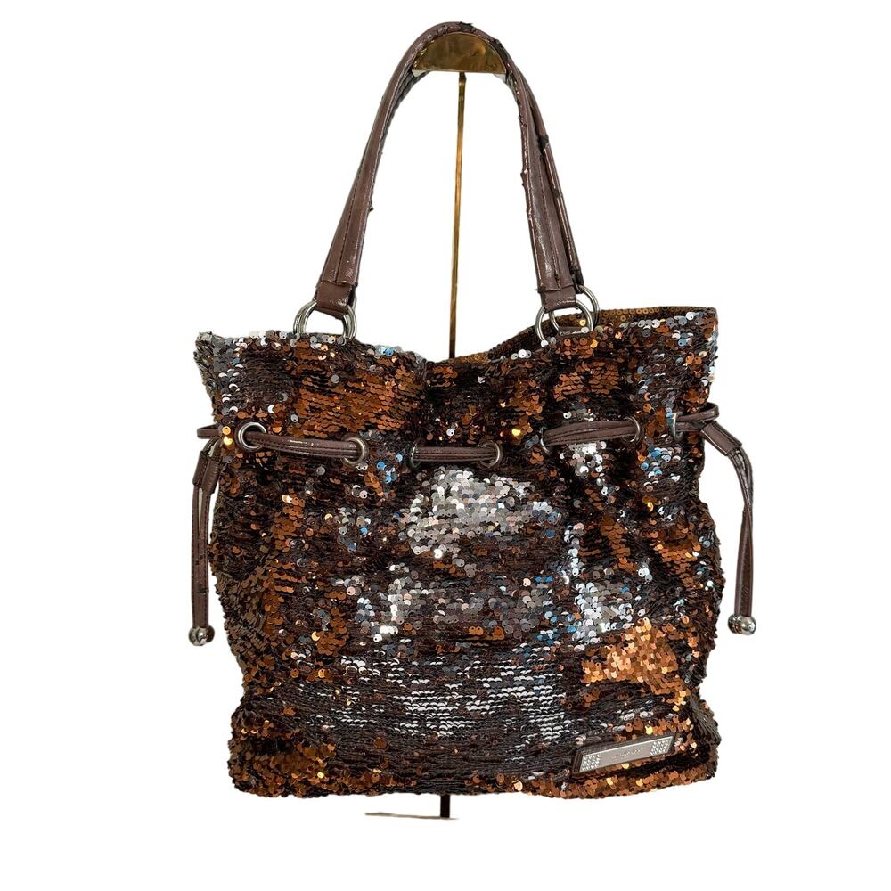 NICOLE LEE Shoulder Bag Womens Golden Sequins Rhinestones Drawstring Brown USA